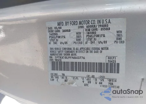 2000 Ford F-150 Lariat/Work Series/Xl/Xlt z USA, uszkodzony, nr VIN 1FTRX18L9YNB43776